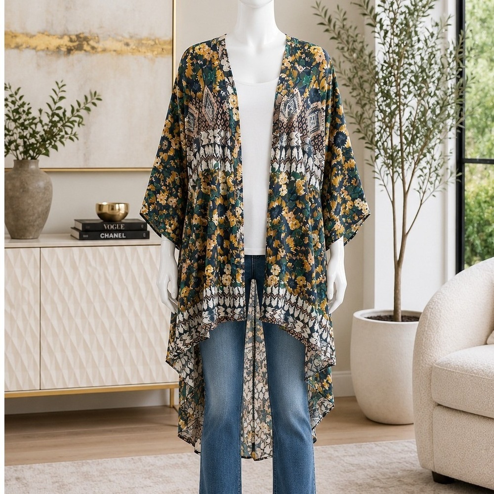 O'Neill Womens Kimono Cardigan Mixed Floral Geometric Print Multicolor M/L